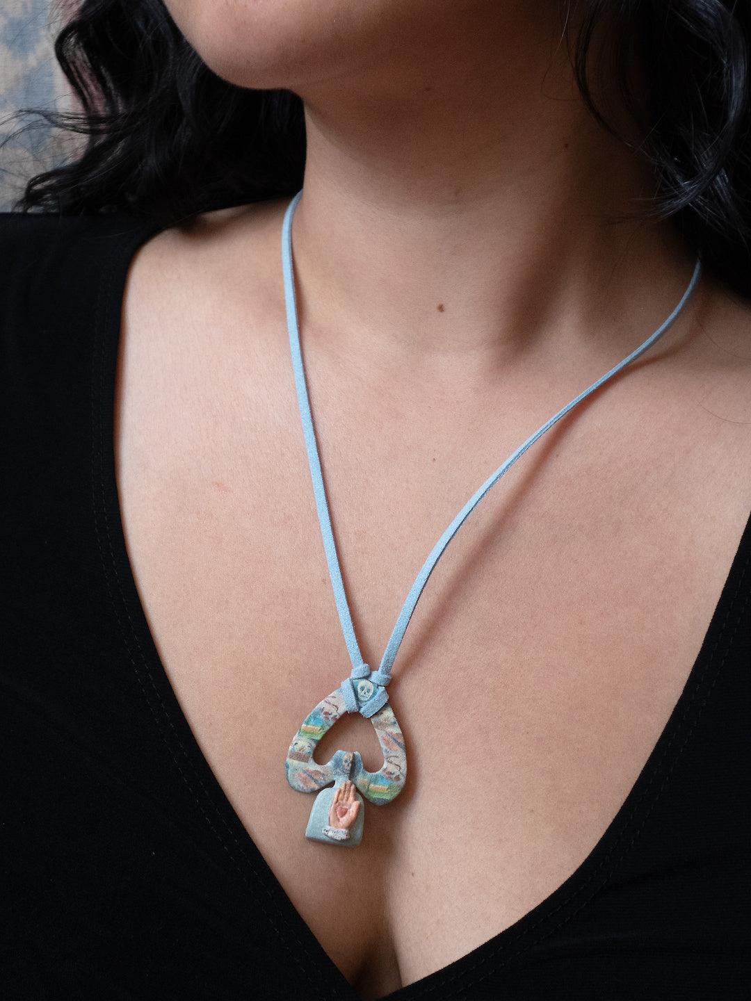 Odd Bell Blue necklace worn