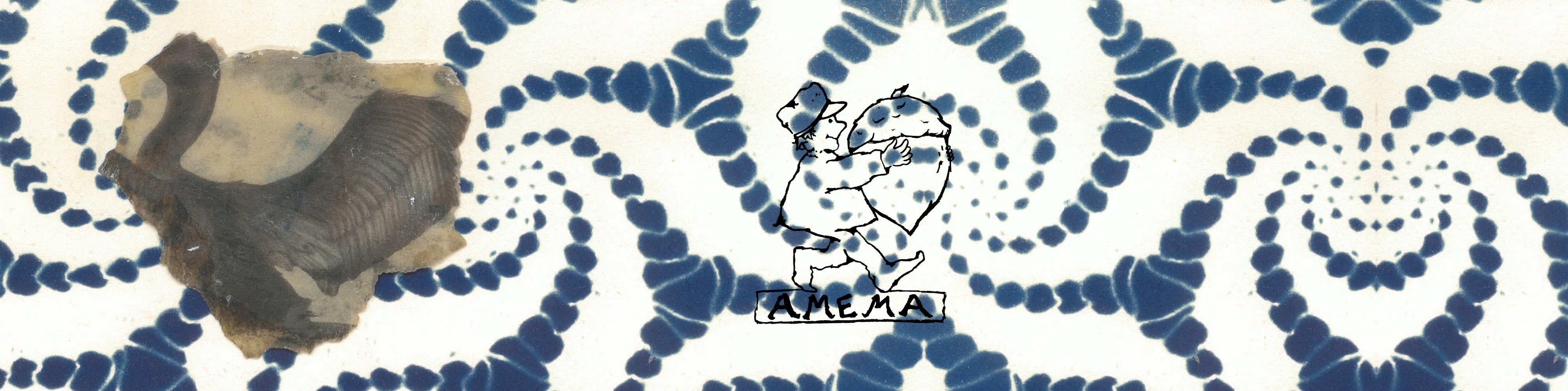 Amema.us — a scanned swan on patterned paper with the Amema mascot
